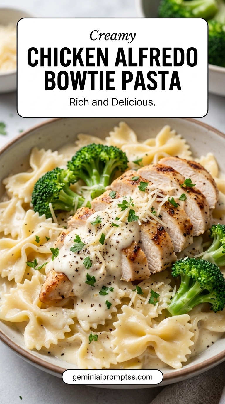 Chicken Alfredo Bowtie Pasta with grilled chicken, bow-tie pasta, broccoli, creamy Parmesan sauce, grated cheese, and green herb garnish