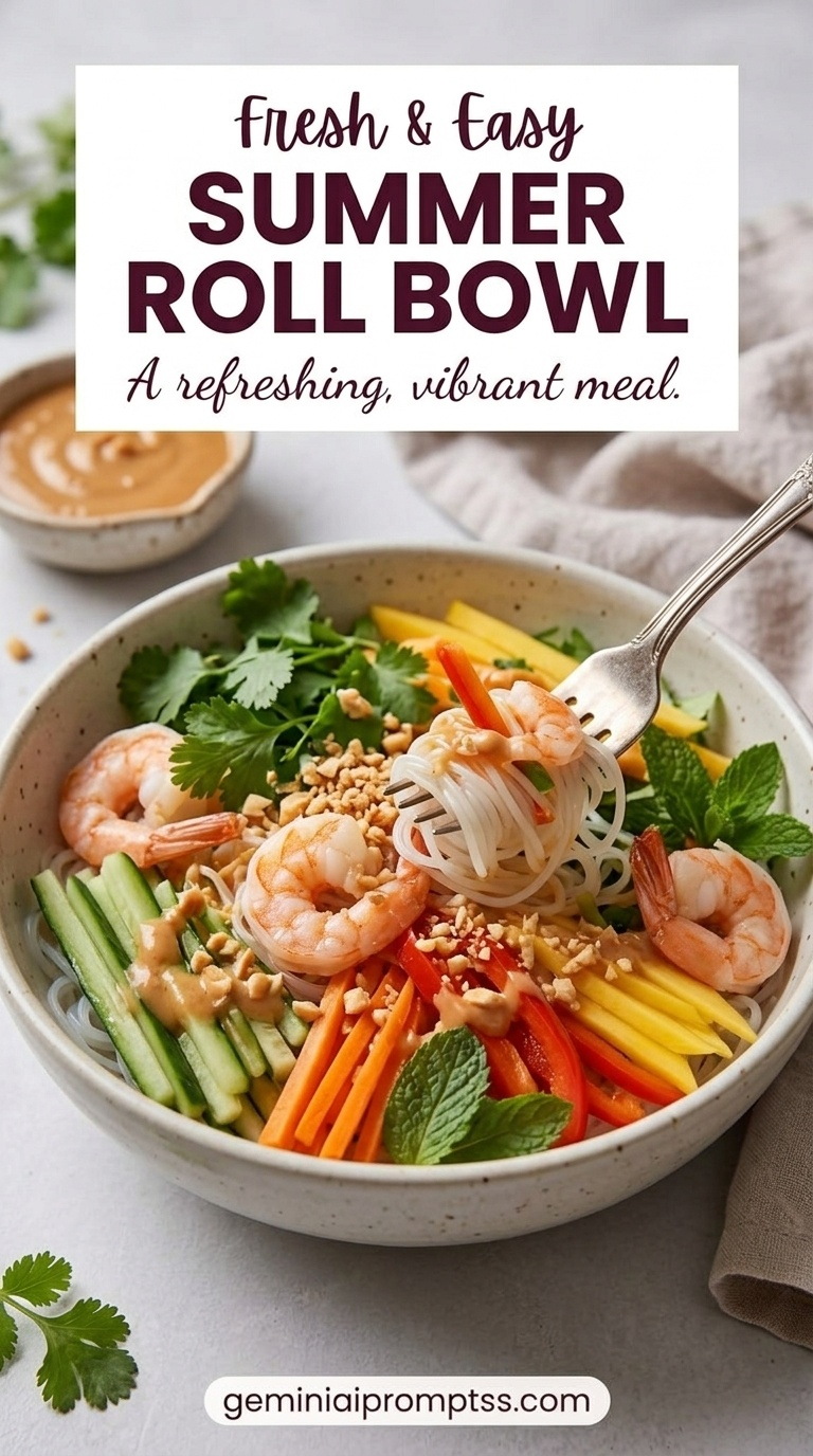 Summer Roll Bowl showing shrimp, rice noodles, cucumber, carrots, red cabbage, herbs, peanuts, and peanut sauce