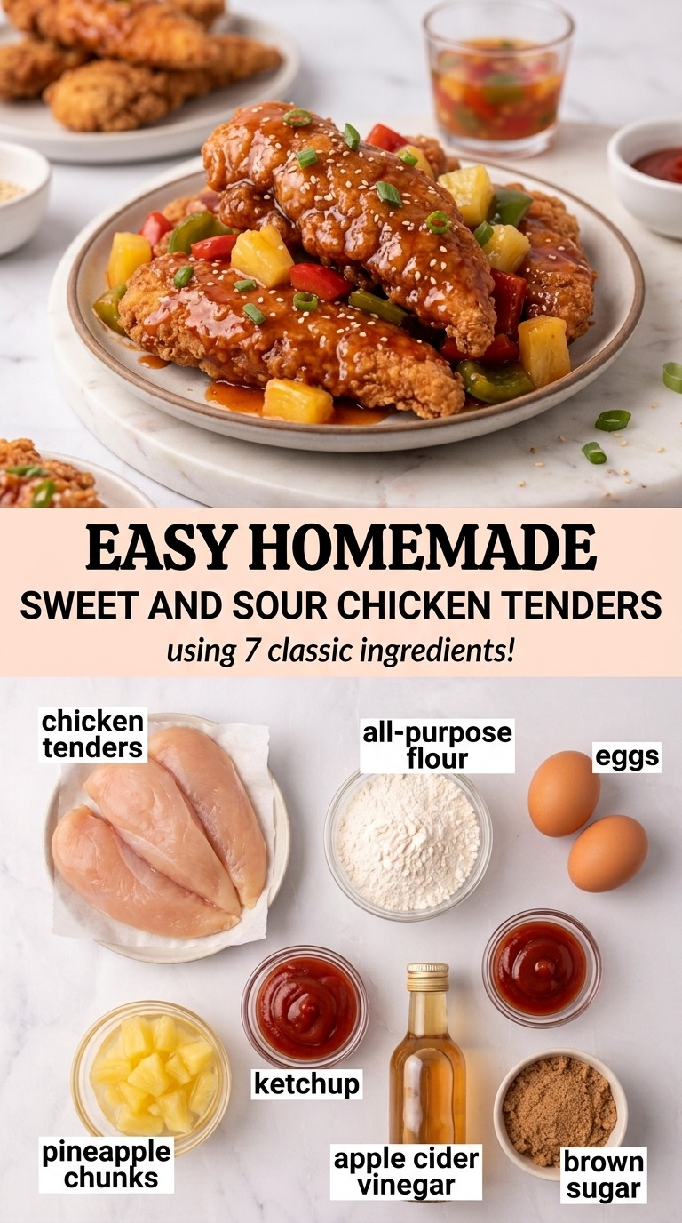 Sweet and sour chicken tenders finished dish made with chicken tenders, all-purpose flour, and eggs