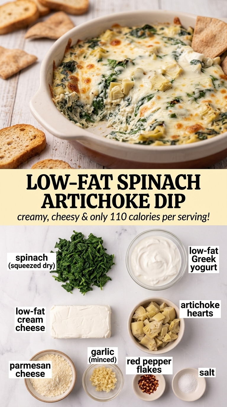 Low-fat spinach artichoke dip finished dish made with squeezed spinach, low-fat Greek yogurt, and low-fat cream cheese