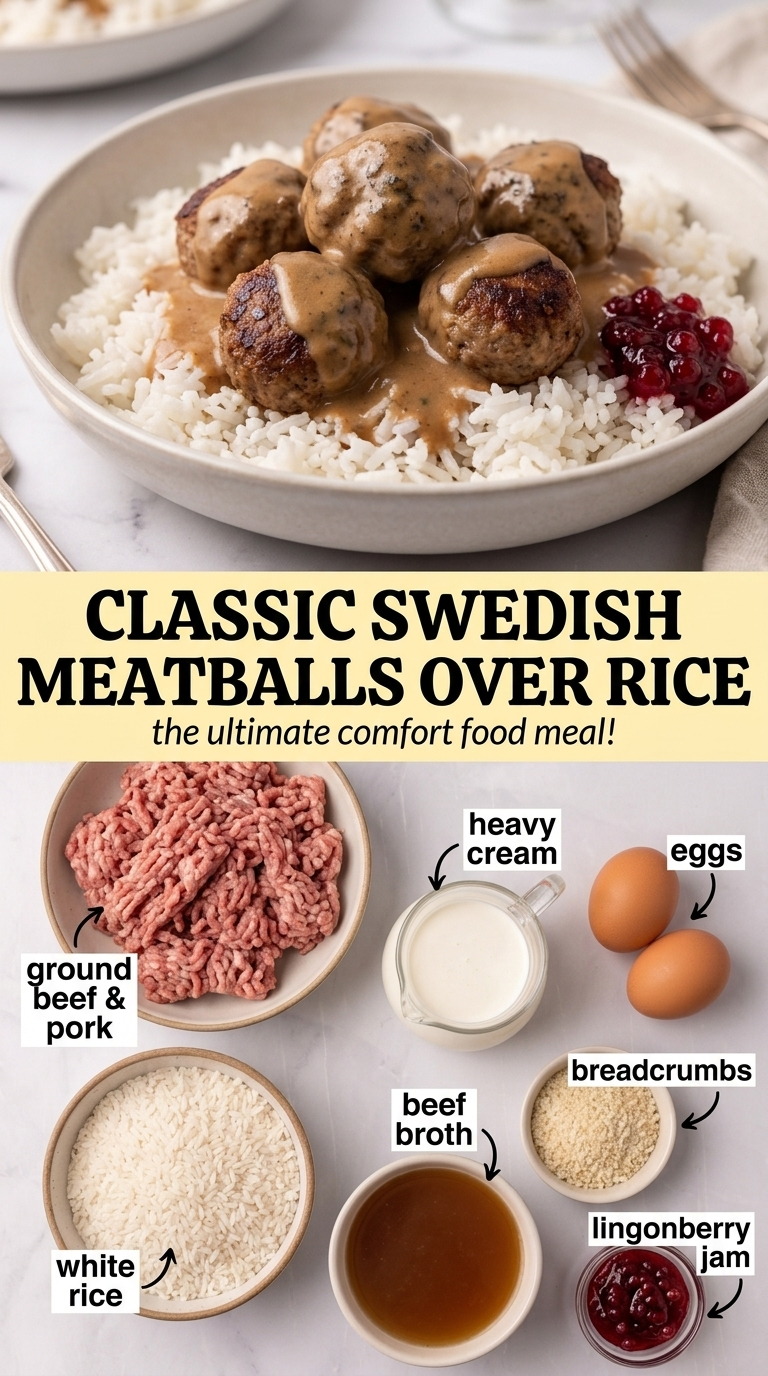 Swedish meatballs over rice finished dish made with ground beef and pork, heavy cream, and eggs