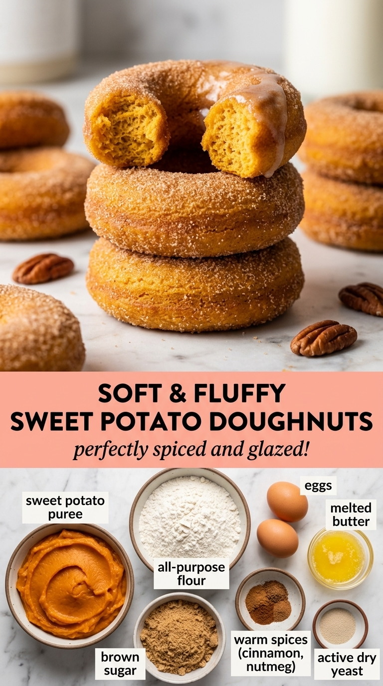 Sweet potato doughnut recipe finished dish made with sweet potato puree, all-purpose flour, and eggs