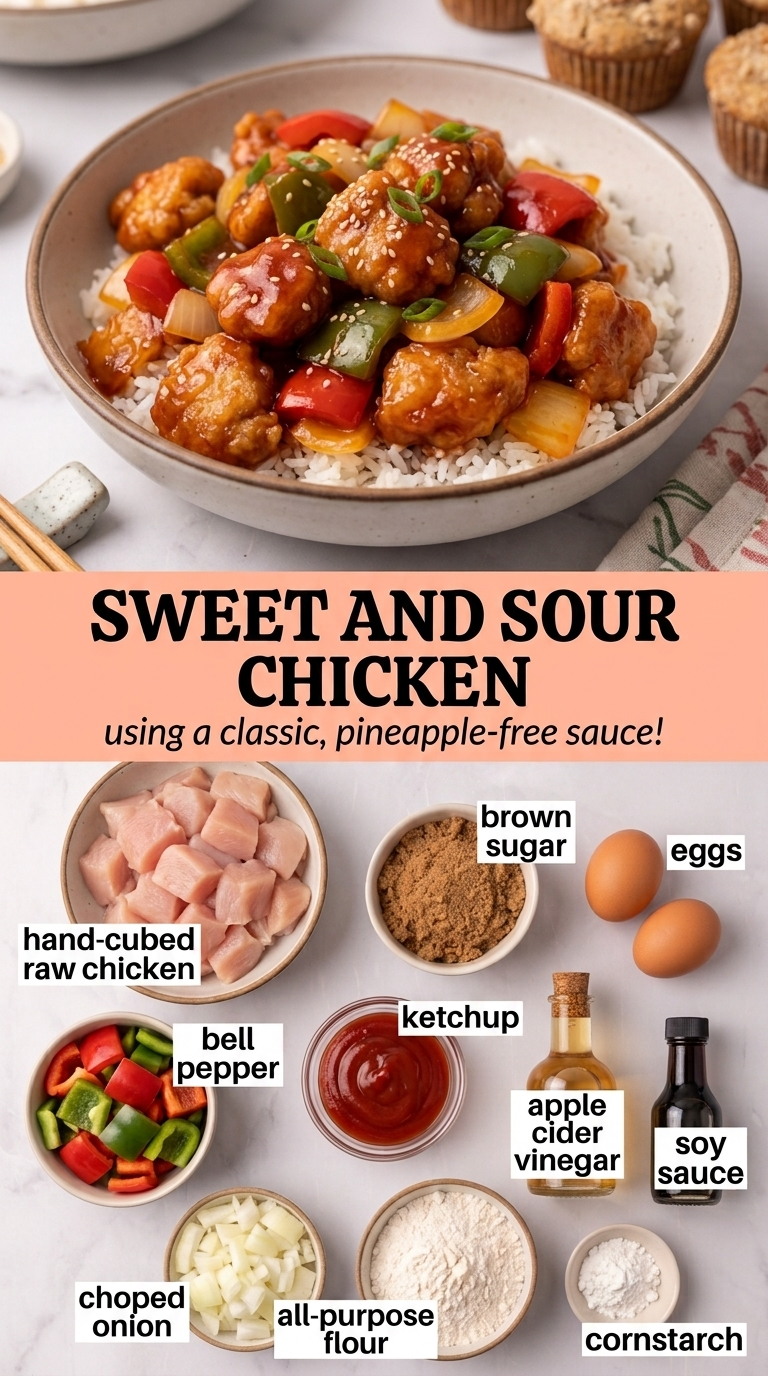 Sweet and sour chicken without pineapple finished dish made with chicken pieces, brown sugar, and eggs