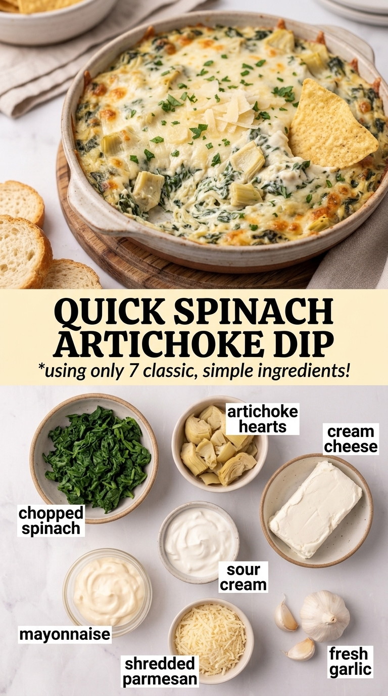 Quick spinach artichoke dip finished dish made with chopped spinach, artichoke hearts, and cream cheese