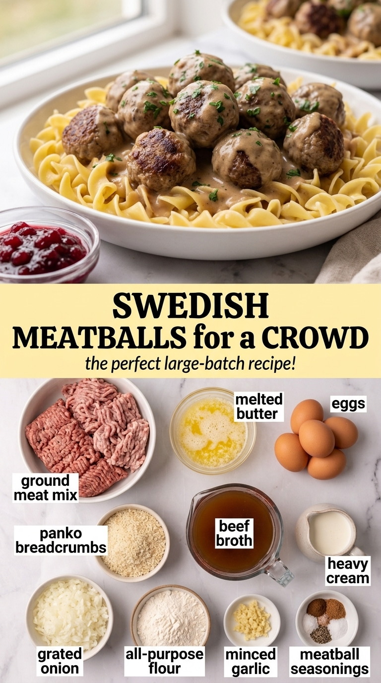 Swedish meatballs for a crowd finished dish made with ground meat mix, melted butter, and eggs