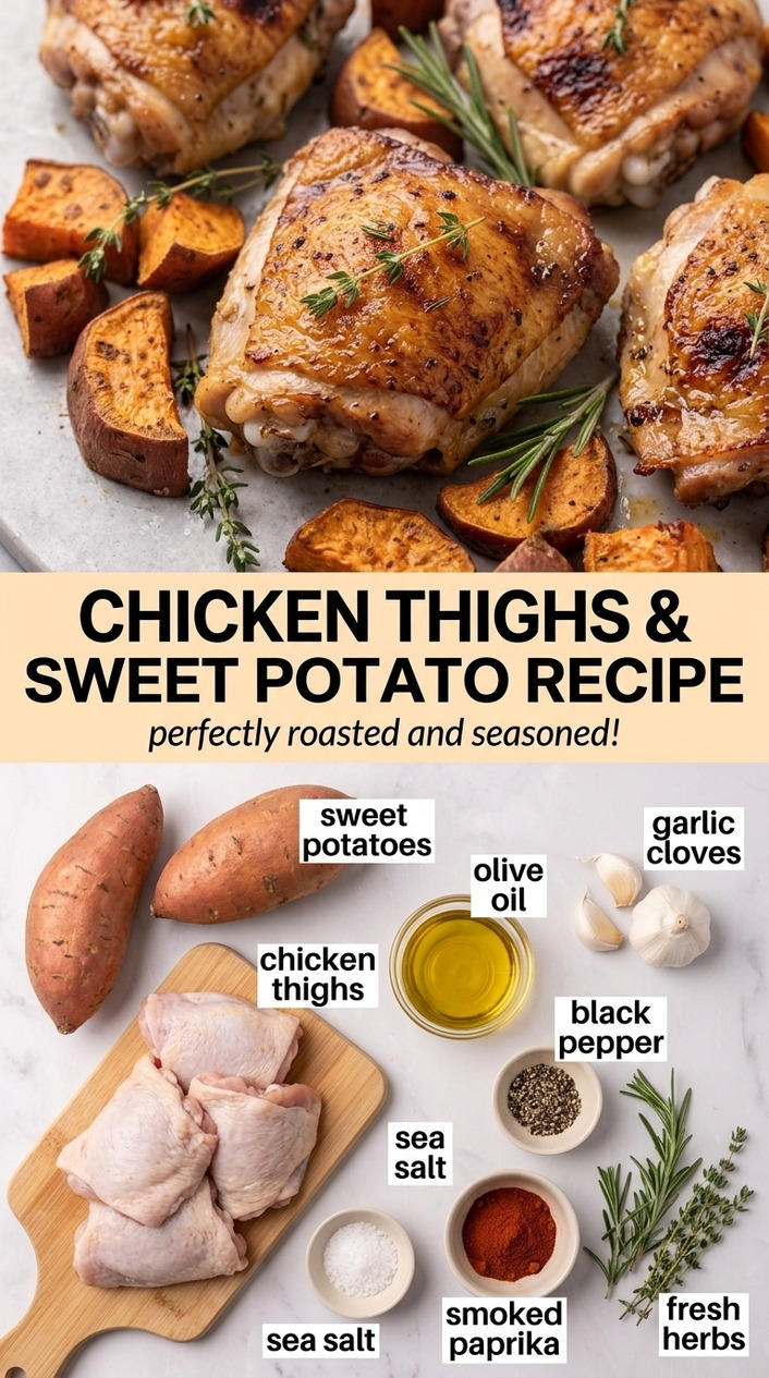 Chicken thighs and sweet potato recipe finished dish made with sweet potatoes, chicken thighs, and olive oil