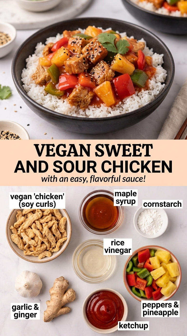 Vegan sweet and sour chicken finished dish made with vegan chicken or soy curls, maple syrup, and cornstarch