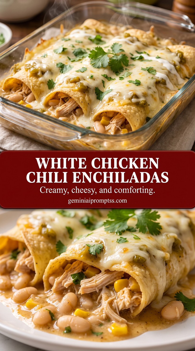 White chicken chili enchiladas showing baked chicken enchiladas covered with bubbling sauce and melted cheese