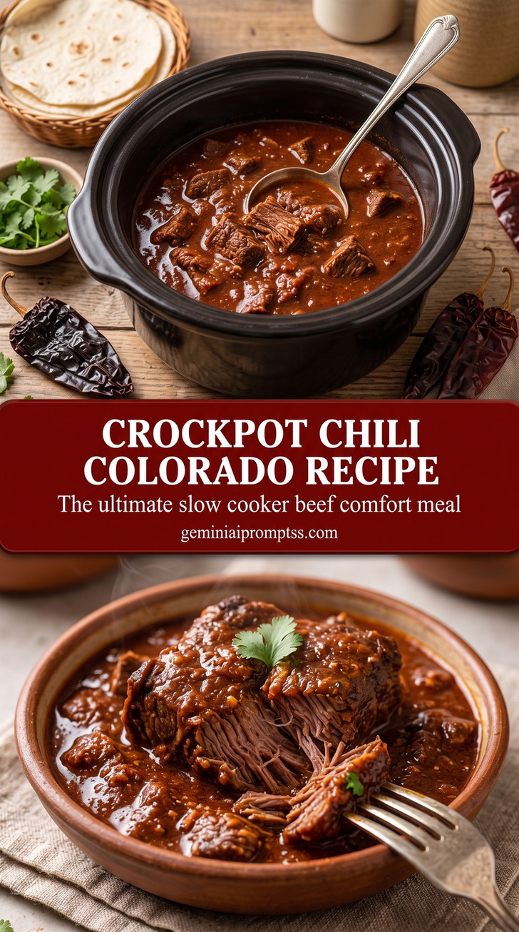 crockpot chili colorado recipe with large tender beef pieces in a deep red chile sauce with cilantro and warm tortillas nearby