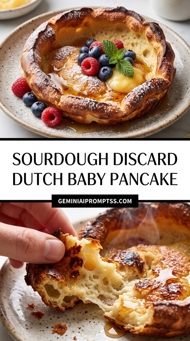 Sourdough Discard Dutch Baby Pancake showing deeply puffed discard Dutch baby with browned crisp rim and fresh berries