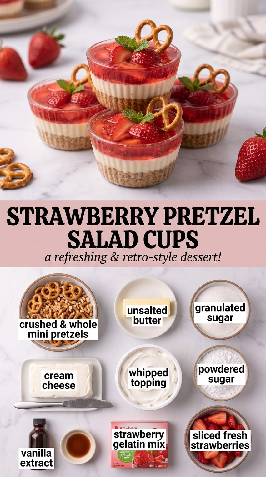 Strawberry Pretzel Salad Cups with individual strawberry pretzel salad cups with buttery pretzel crumbs, cream-cheese filling, and glossy strawberries