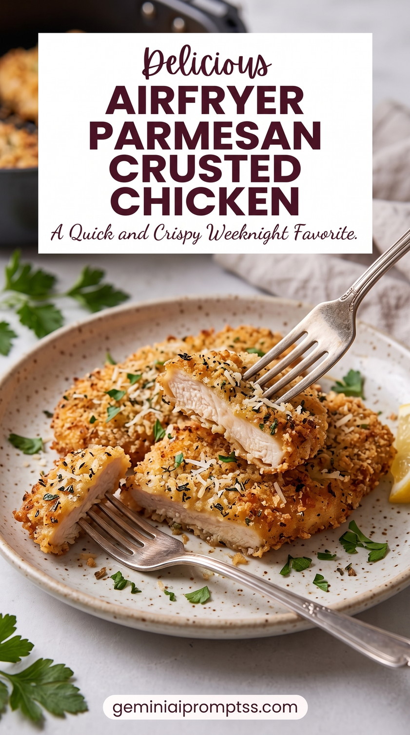 Airfryer Parmesan Crusted Chicken with golden Parmesan-crusted chicken with a crisp, textured top, a fresh green herb garnish, and a simple vegetable side