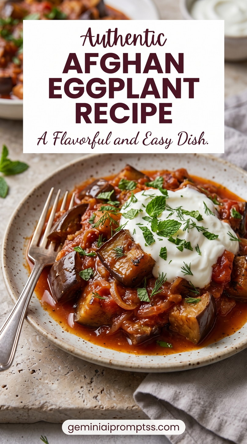 Afghan Borani Banjan showing tender eggplant in tomato sauce topped with white yogurt and fresh herbs