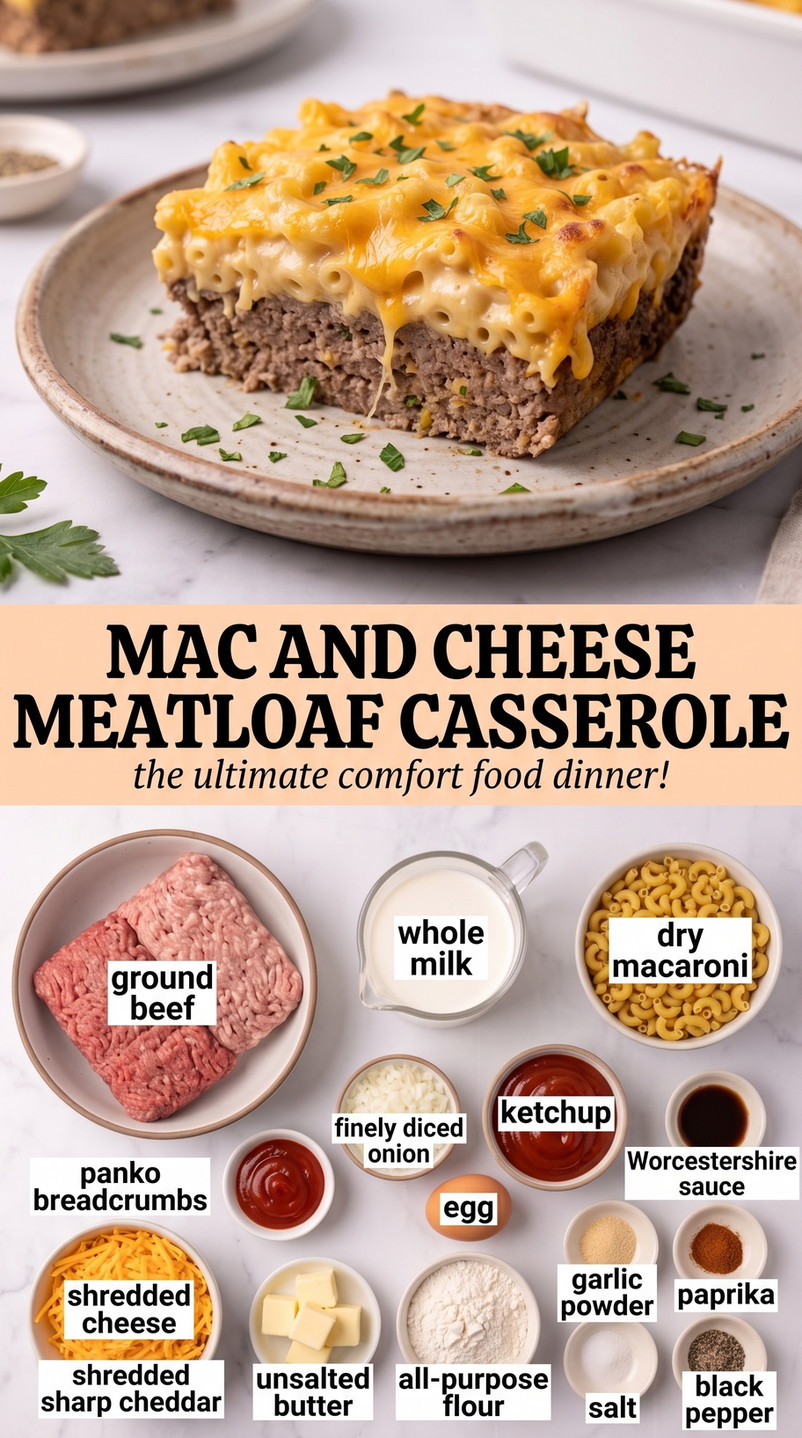 Mac and Cheese Meatloaf Casserole showing layered meatloaf and macaroni-and-cheese casserole with browned beef and melted cheddar
