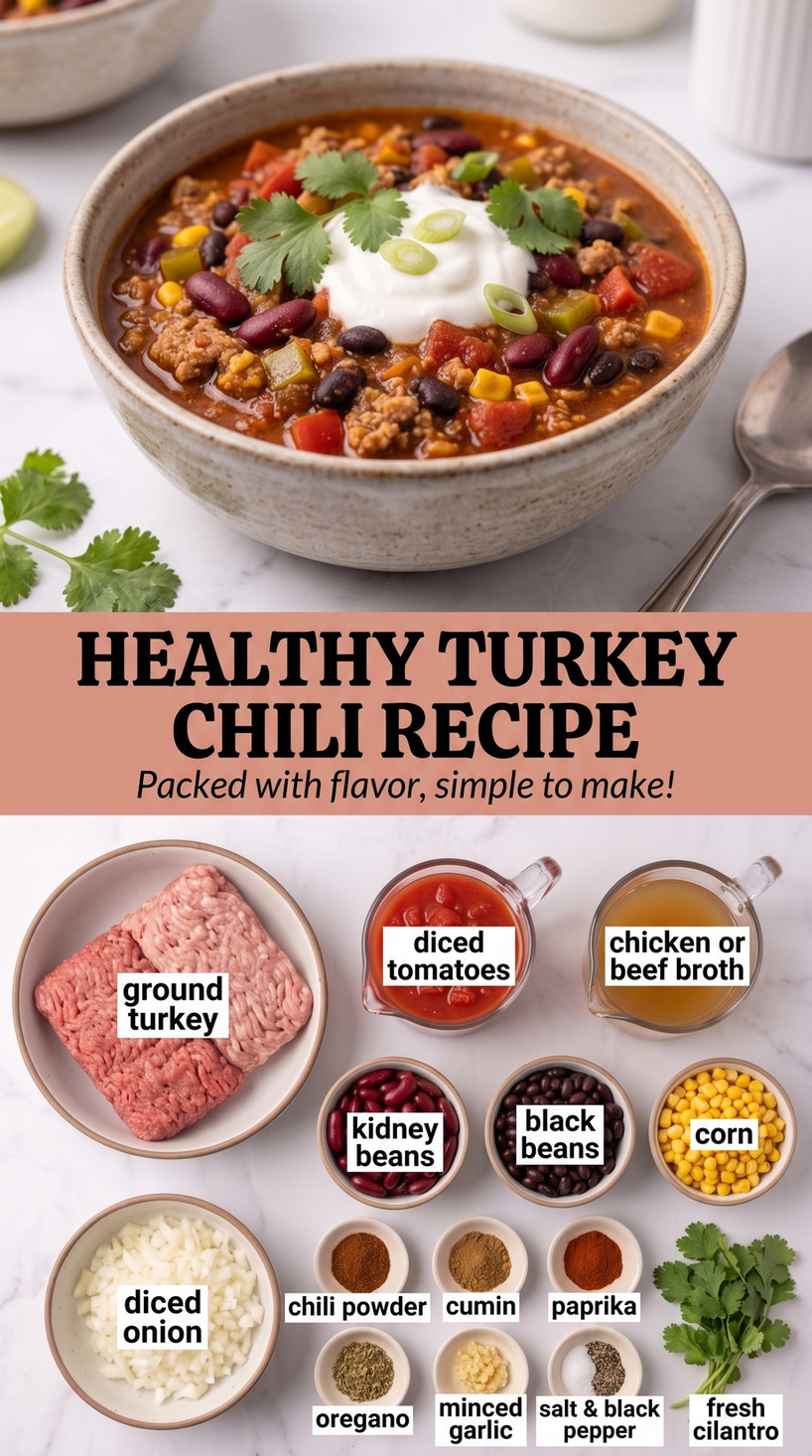 Healthy Turkey Chili Recipe with healthy turkey chili with beans, corn, tomatoes, cilantro, and warm spices