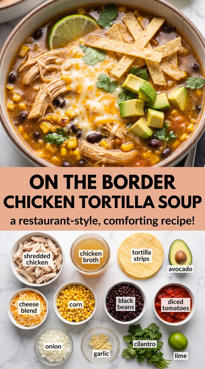 On the Border-Style Chicken Tortilla Soup - a hearty bowl with shredded chicken, beans, corn, tortilla strips, and fresh toppings