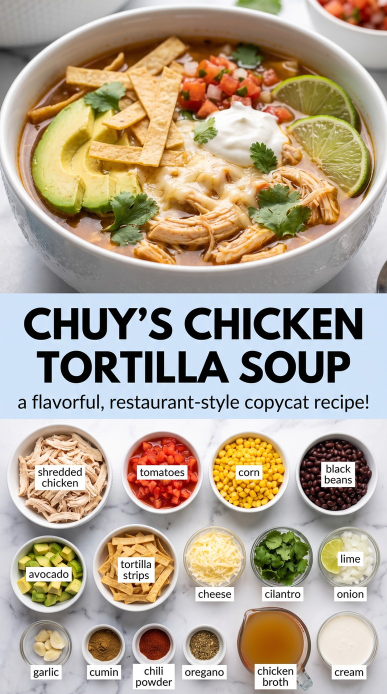 Chuy's chicken tortilla soup showing a tomato-based chicken soup with corn, beans, avocado, and crisp tortilla strips