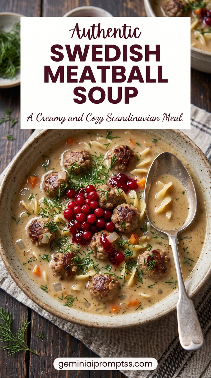 Swedish meatball soup showing creamy broth with carrots, egg noodles, dill, and small meatballs