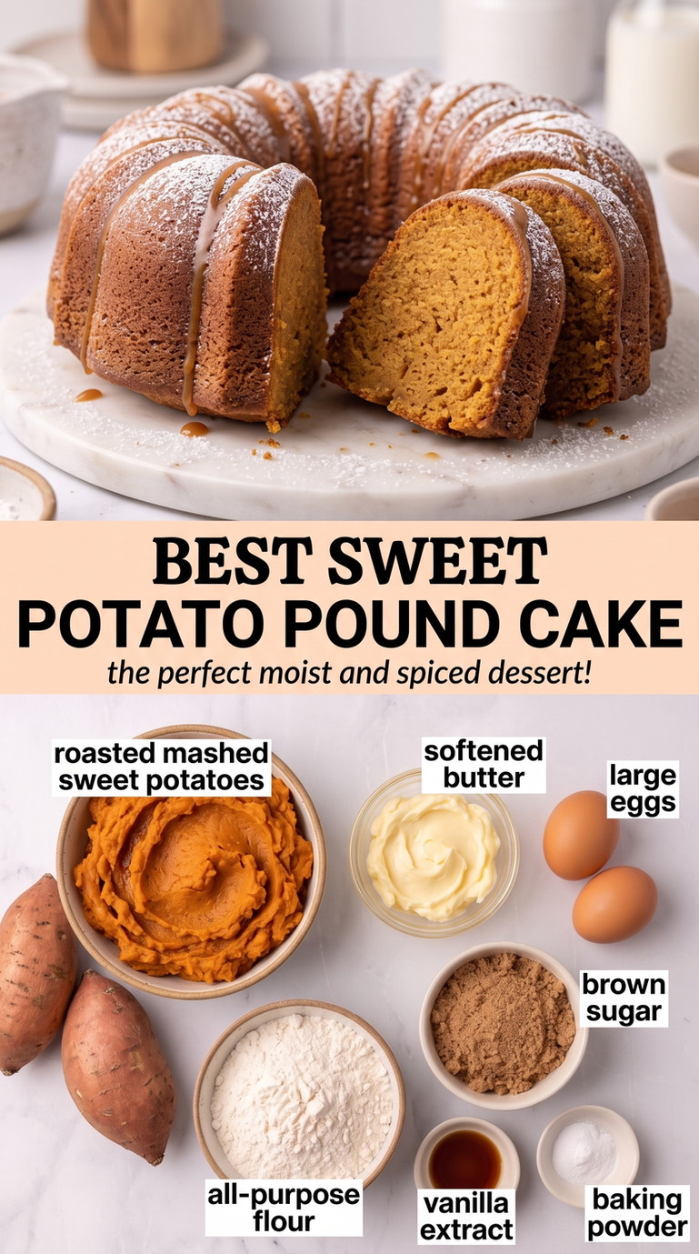 Sweet potato pound cake recipe finished dish made with roasted mashed sweet potatoes, softened butter, and large eggs