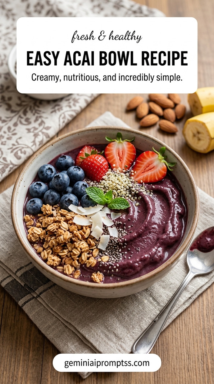 Easy Acai Bowl Recipe showing a thick purple acai bowl topped with strawberries, blueberries, granola, coconut, chia seeds, almonds, and mint