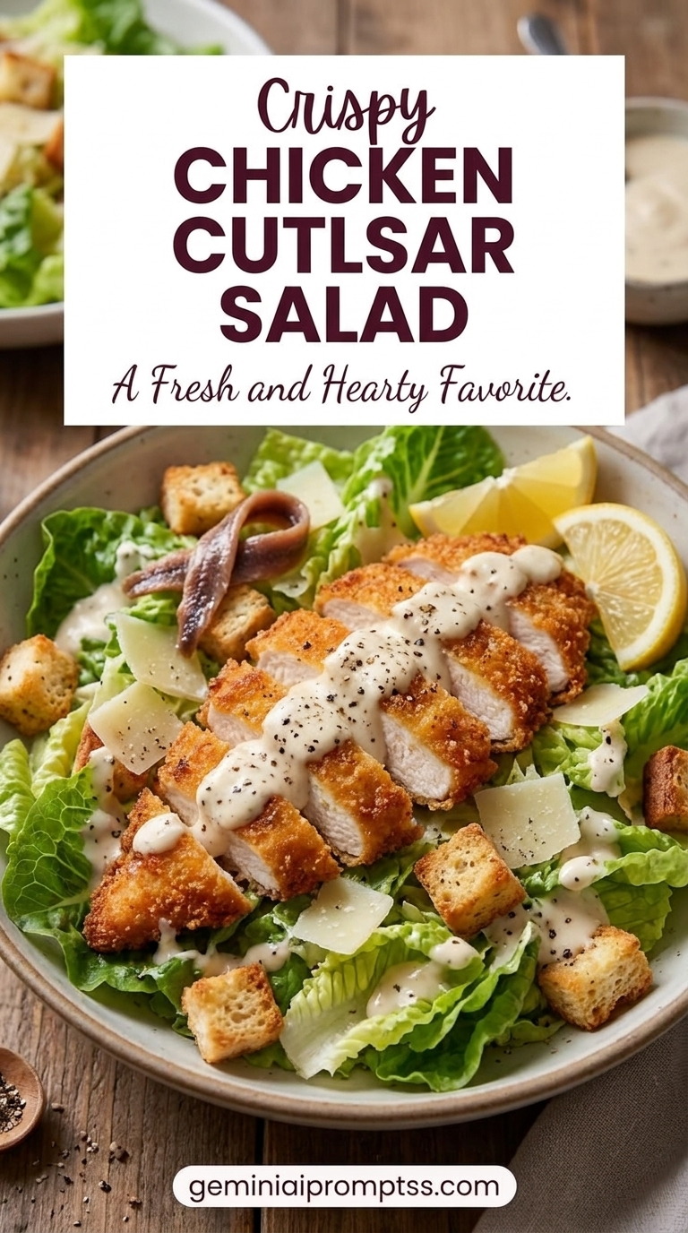 Chicken Cutlet Caesar Salad with golden chicken, crisp romaine, Parmesan, creamy Caesar-style dressing, and crunchy elements such as croutons or toasted bread