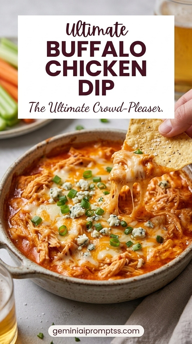 Easy Super Bowl Appetizers showing hot buffalo chicken dip with melted cheese, green onions, tortilla chips, and celery