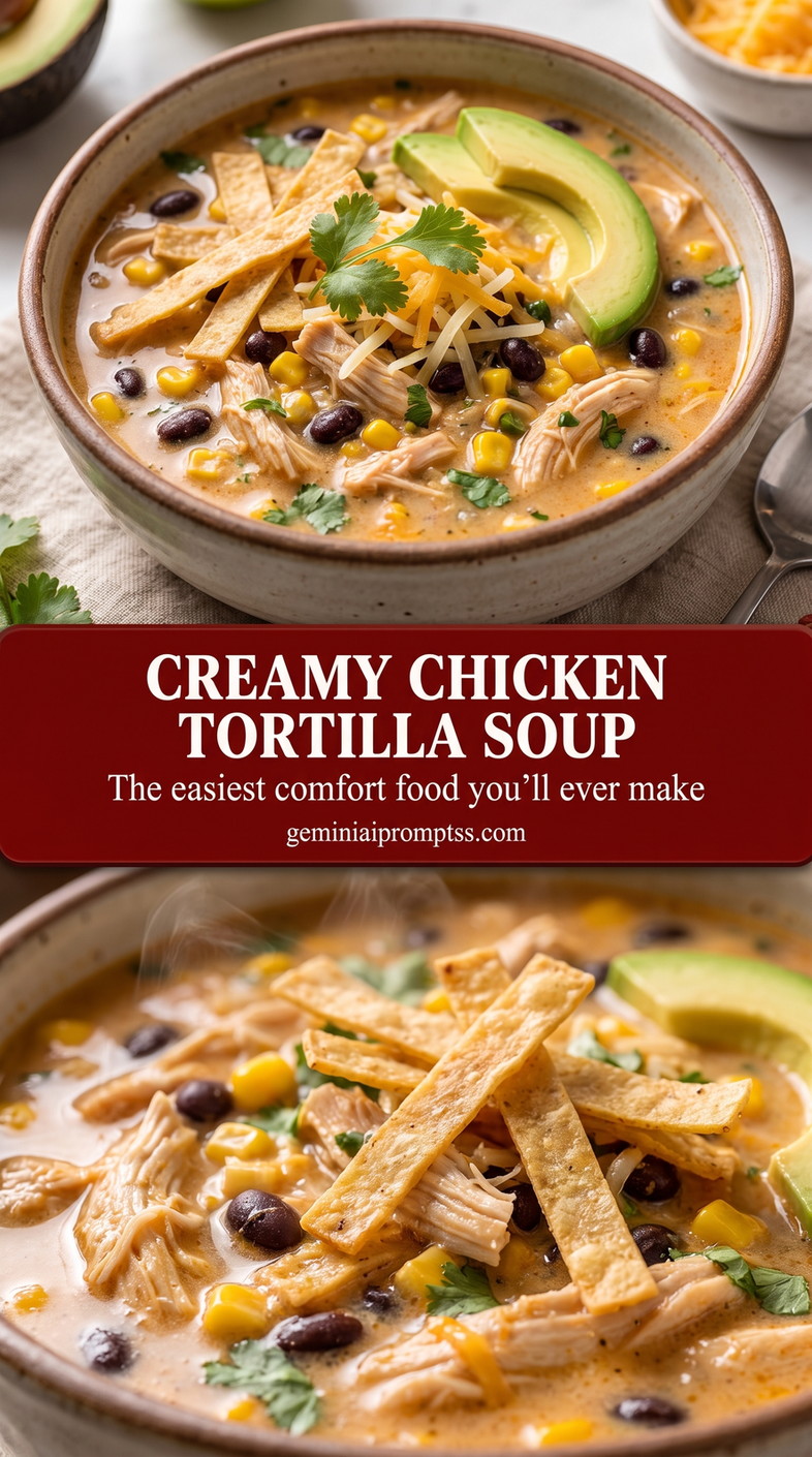 Chicken tortilla soup creamy showing a hearty chicken tortilla soup with colorful toppings and crisp strips