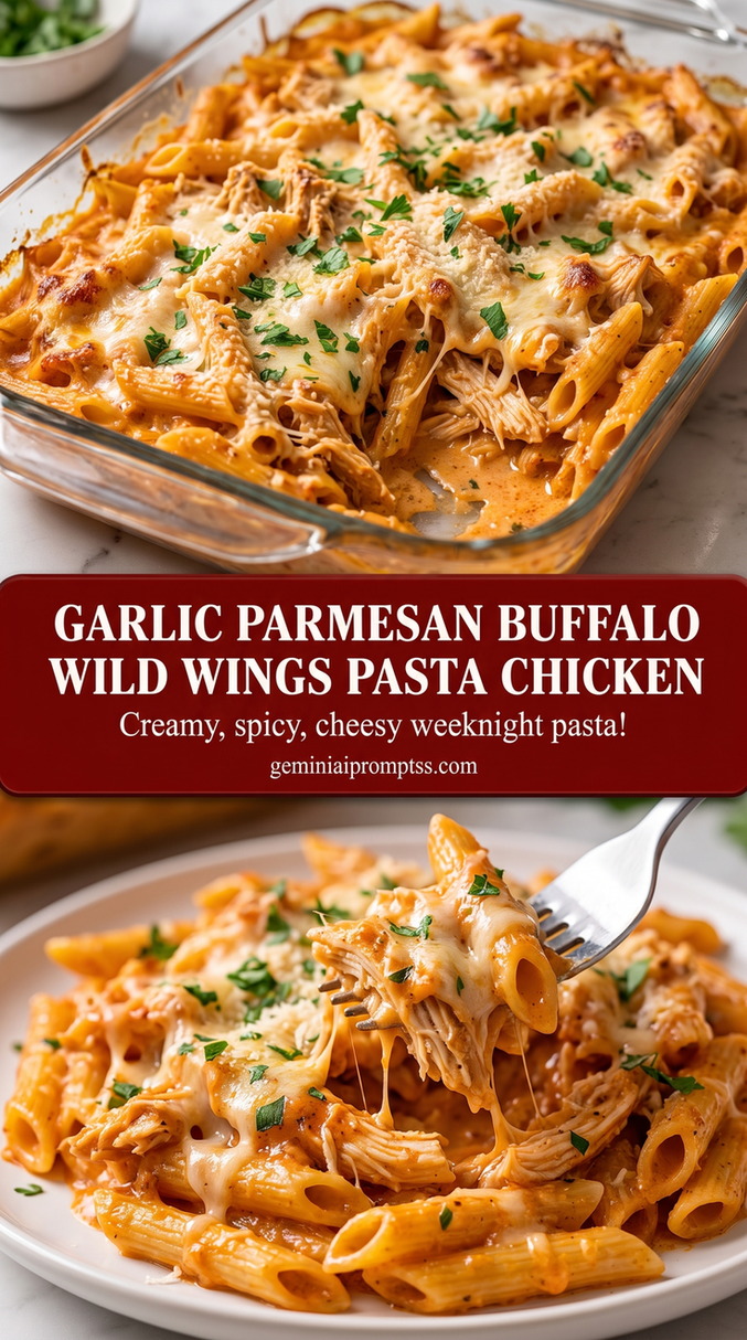 garlic Parmesan chicken pasta with a Buffalo Wild Wings-style flavor with garlic Parmesan pasta, chicken, and a creamy wing-sauce finish