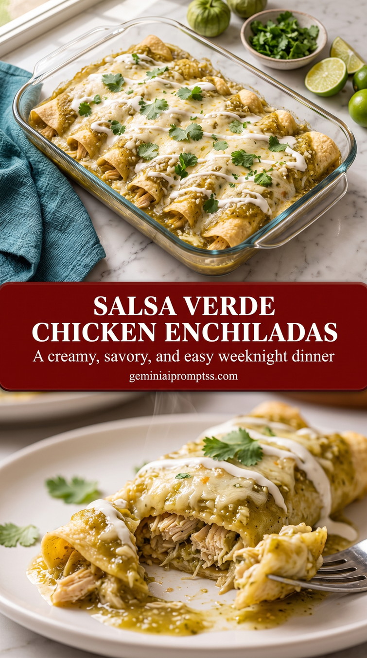 Salsa Verde Chicken Enchiladas with rolled chicken enchiladas with a green sauce and melted cheese