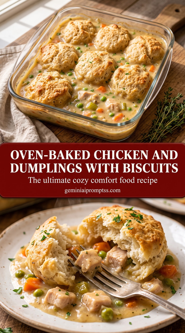 oven-baked chicken and dumplings with biscuits with an oven-baked chicken and dumplings casserole with chicken, carrots, peas, creamy gravy, herbs, and browned biscuits