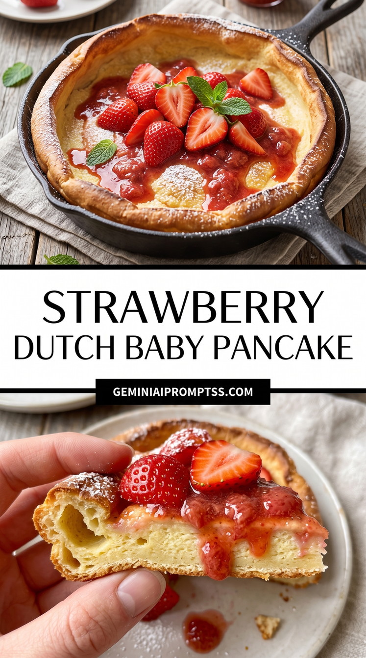 Strawberry Dutch Baby Pancake showing puffed pancake covered with fresh strawberries and a glossy red strawberry sauce