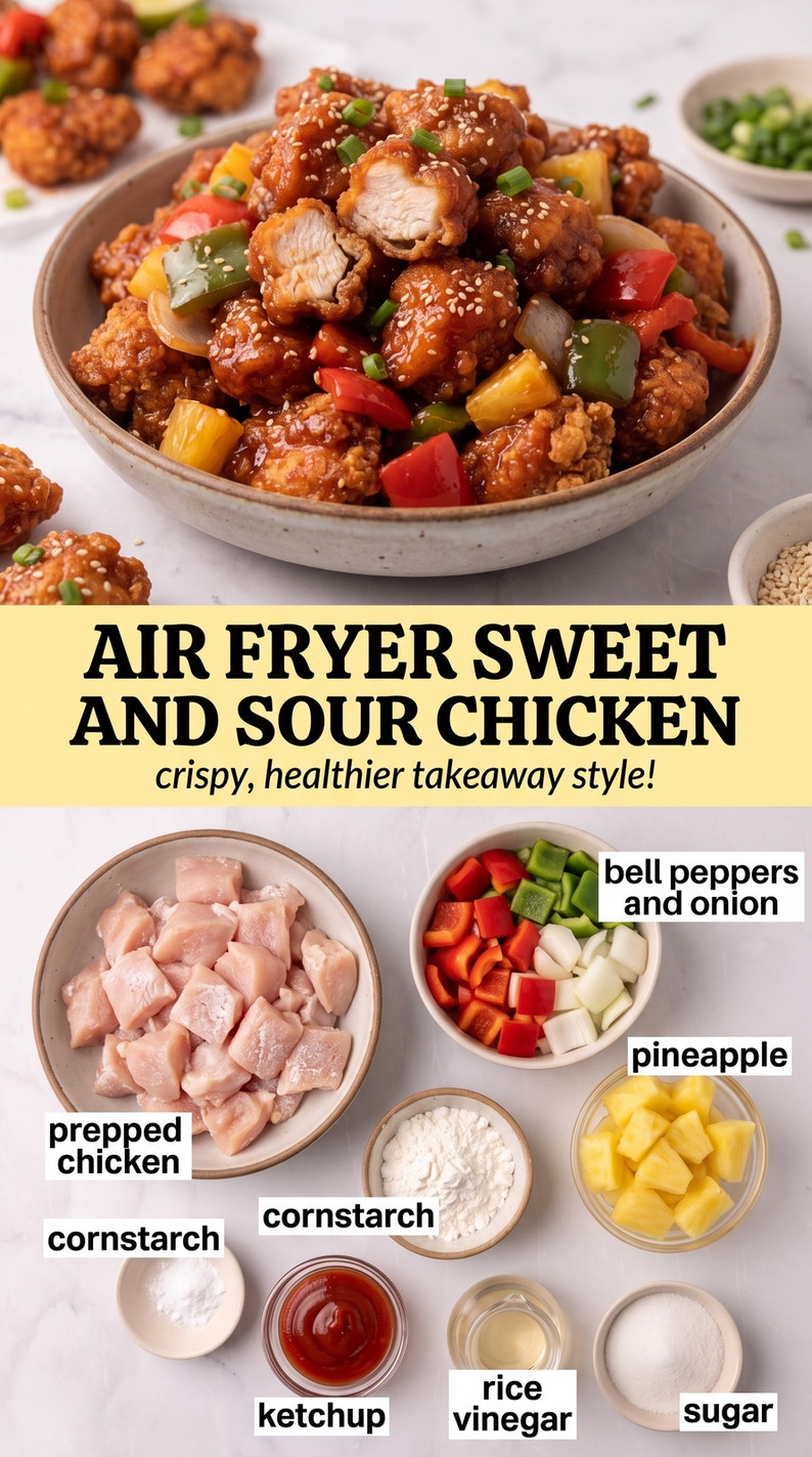 Air fryer sweet and sour chicken finished dish made with prepped chicken, bell peppers, and onion