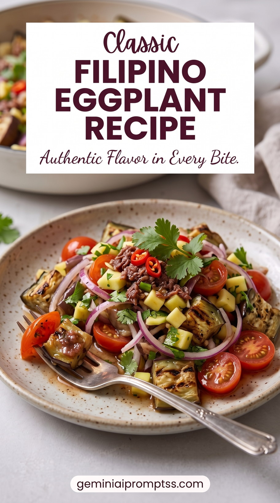 Filipino Grilled Eggplant Salad showing grilled eggplant salad with tomatoes, red onion, herbs, and colorful diced vegetables