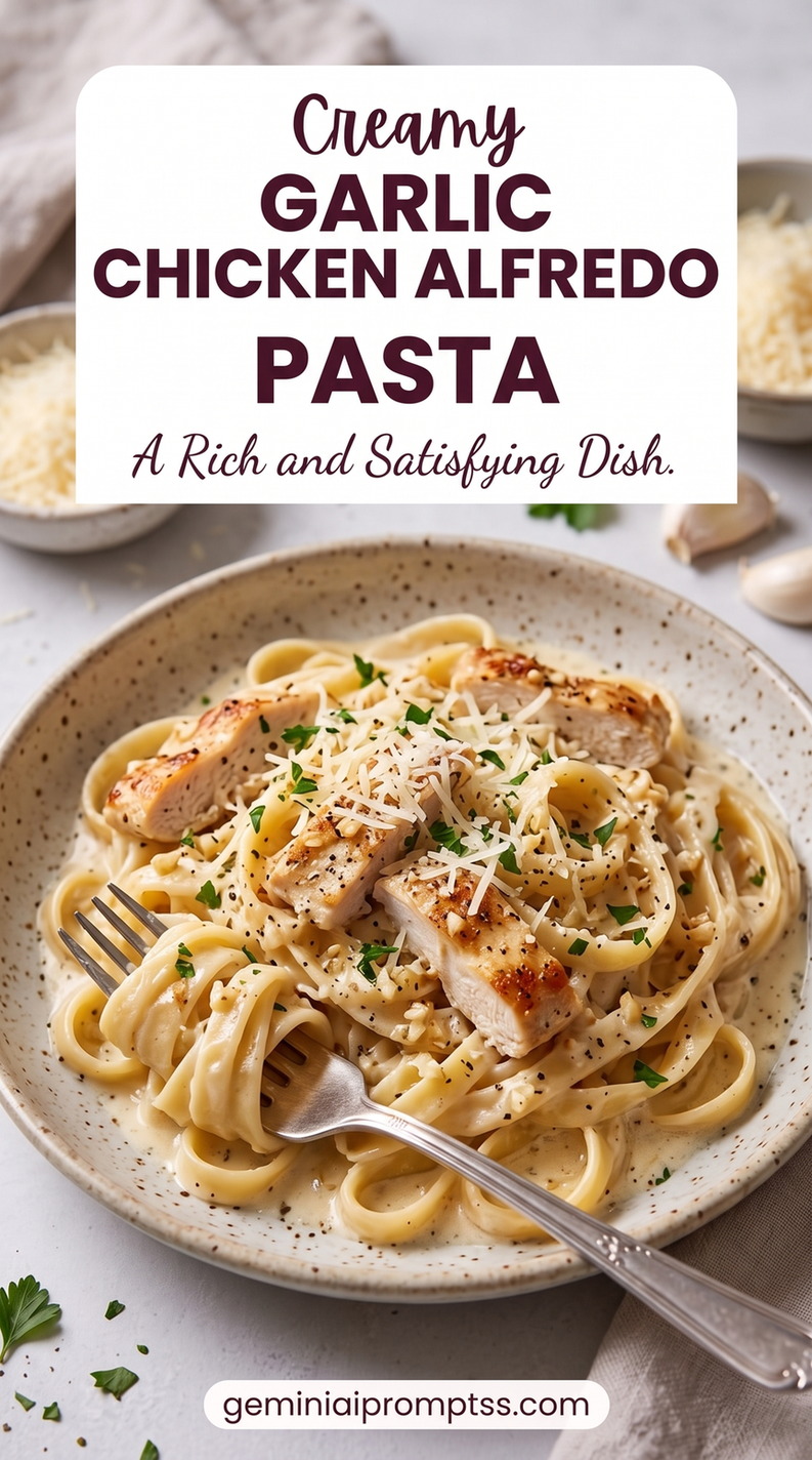 Garlic Chicken Alfredo Pasta with chicken, fettuccine, a creamy Parmesan sauce, grated cheese, and fresh green herb garnish