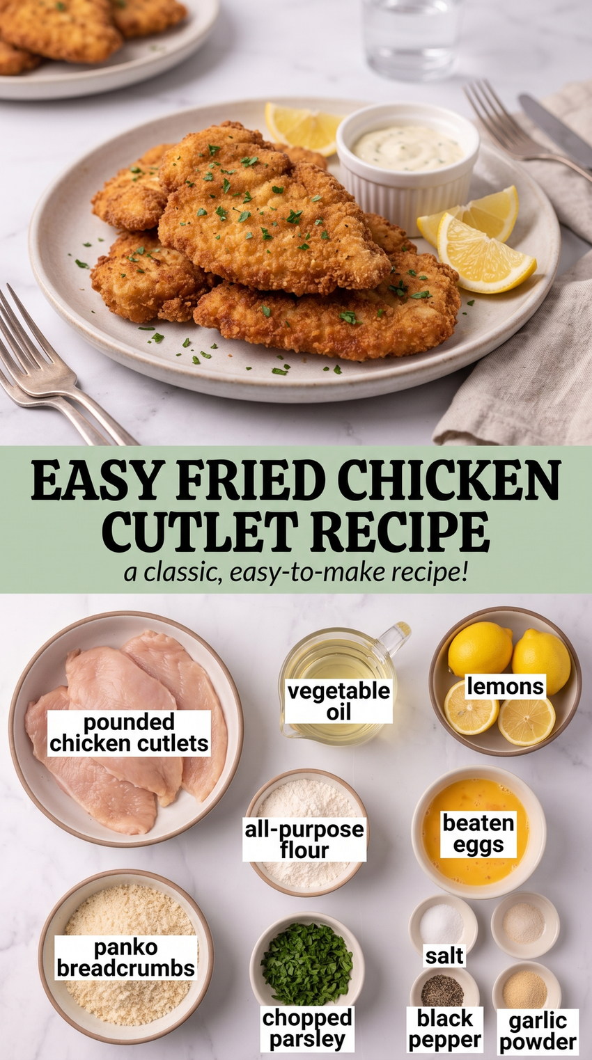 Easy Buttermilk Fried Chicken Cutlets prepared as a finished easy fried chicken cutlet recipe recipe with browned cutlets ready to serve