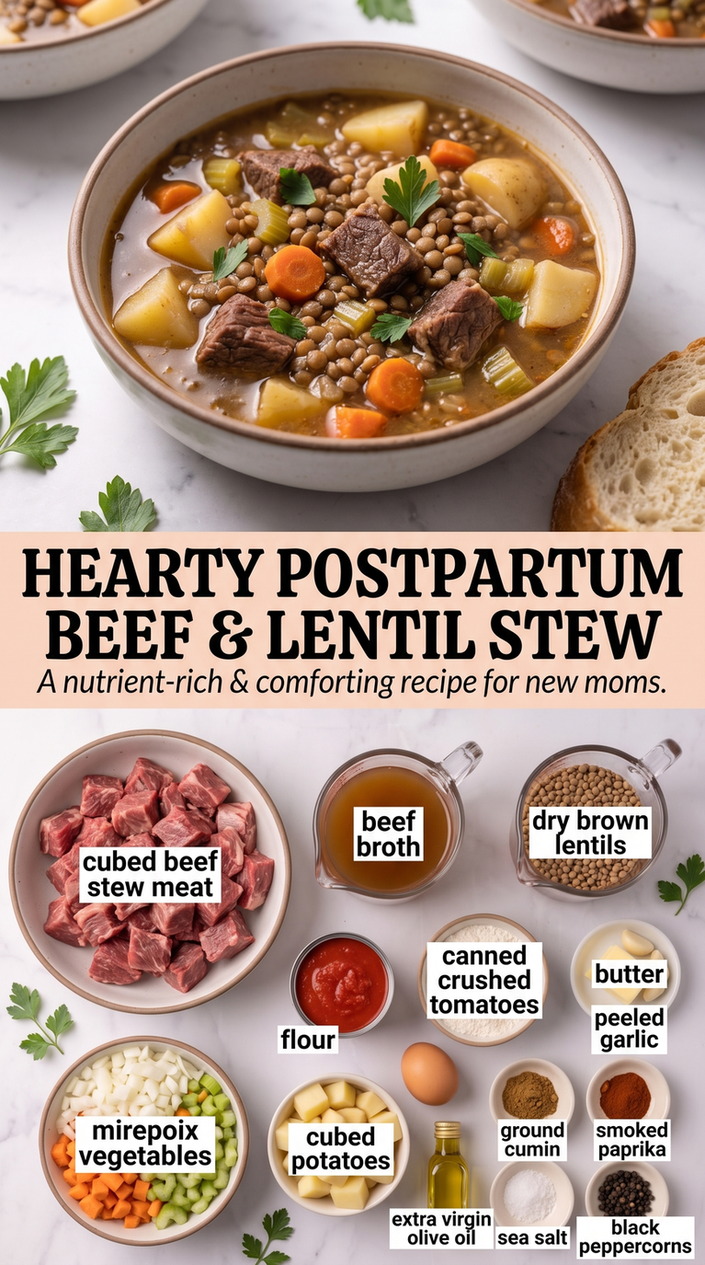 Postpartum Dinner Recipes showing a hearty beef and lentil stew with potatoes, carrots, celery and tomatoes