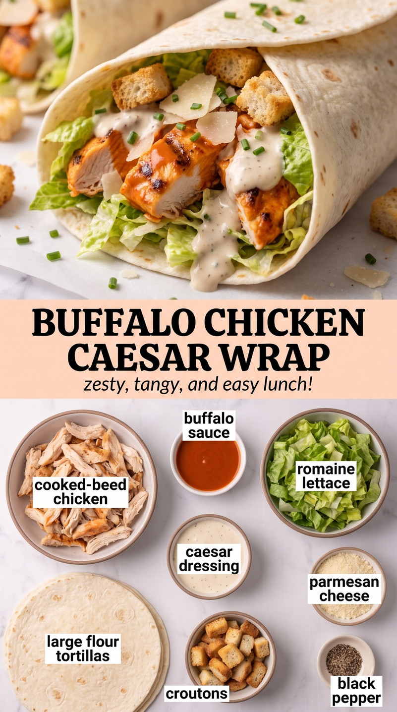 Buffalo Chicken Caesar Wraps - chicken with crisp romaine, Parmesan, Caesar dressing, and crunchy toppings