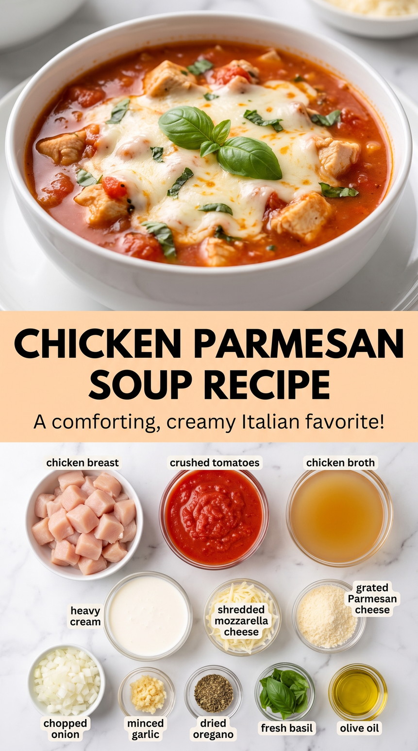 Chicken parmesan soup recipe showing tomato chicken Parmesan soup with pasta and melted cheese