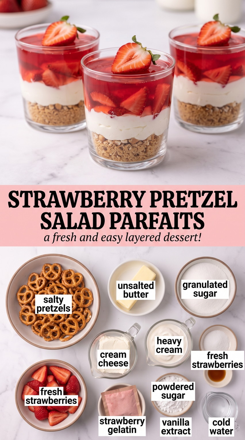 Strawberry Pretzel Salad Parfaits with strawberry pretzel parfaits with crisp pretzel crumbs, whipped cream-cheese filling, and fresh berry gelatin