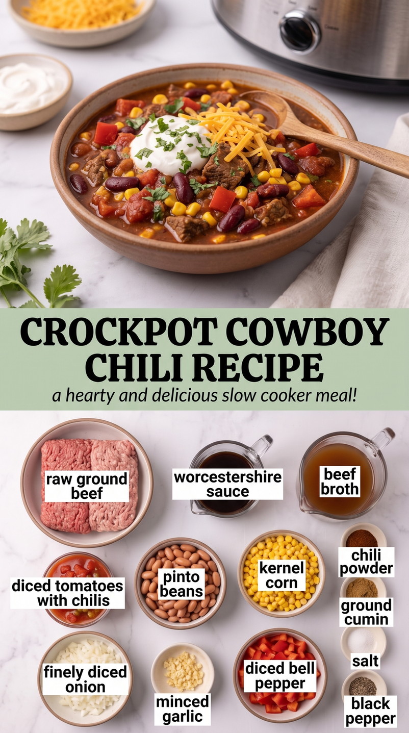 Crockpot Cowboy Chili Recipe with cowboy chili with beef, pinto beans, corn, peppers, tomatoes, and Worcestershire