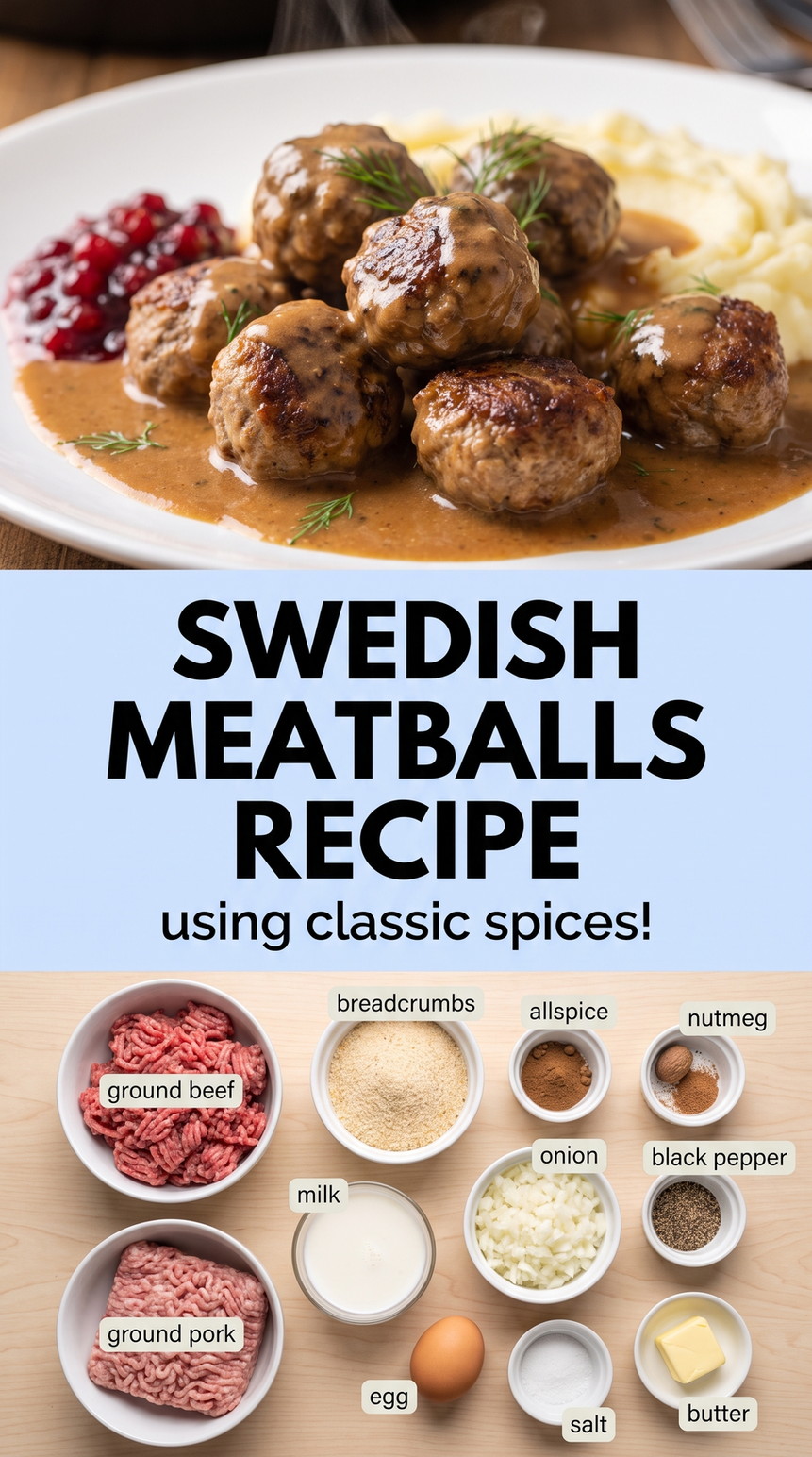 Swedish meatballs recipe finished dish made with ground beef, ground pork, and breadcrumbs