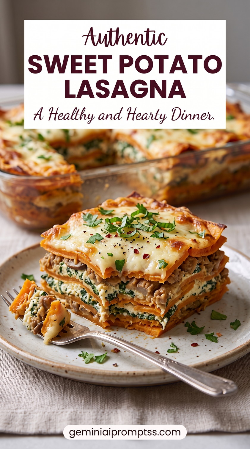 Sweet potato lasagna recipe showing orange sweet potato pasta layers, spinach-ricotta filling, savory mushrooms, and browned mozzarella