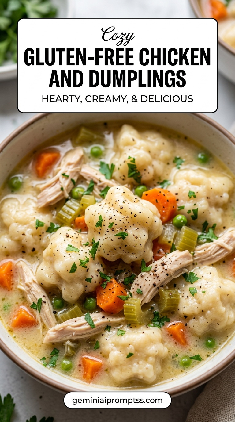 Gluten-Free Chicken and Dumplings showing gluten-free chicken and dumplings with carrots, celery, peas, and fluffy pale dumplings