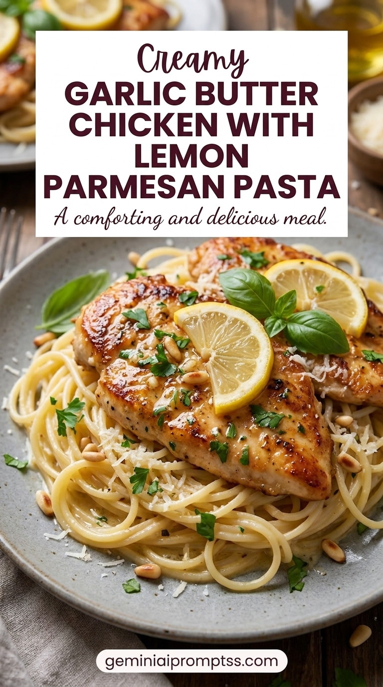 Garlic Butter Chicken with Lemon Parmesan Pasta with chicken, fettuccine, a creamy Parmesan sauce, grated cheese, and fresh green herb garnish