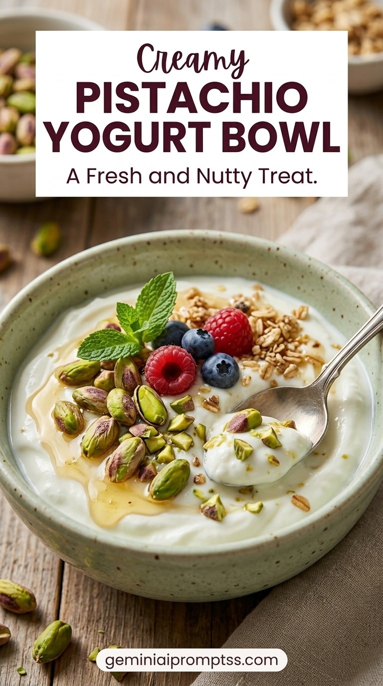 Pistachio Yogurt Bowl showing Greek yogurt with pistachios, berries, granola, honey, and mint