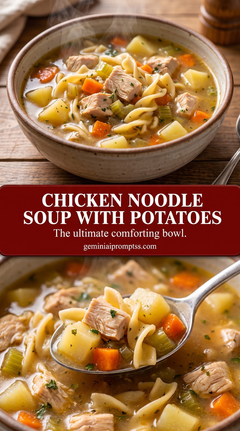 chicken noodle soup with potatoes and dill with potato cubes, carrots, celery, and egg noodles