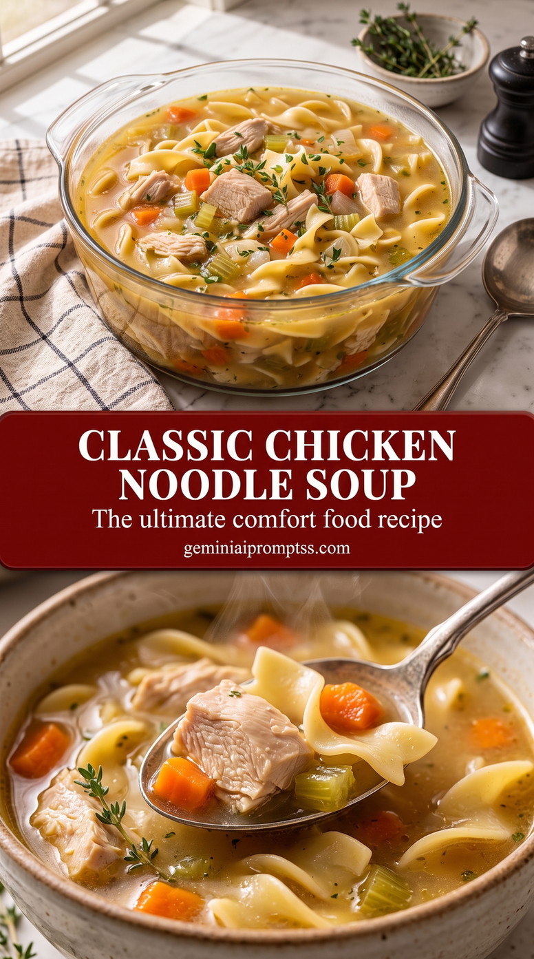 Classic Chicken Noodle Soup with Wide Egg Noodles finished dish with classic chicken noodle soup with wide egg noodles