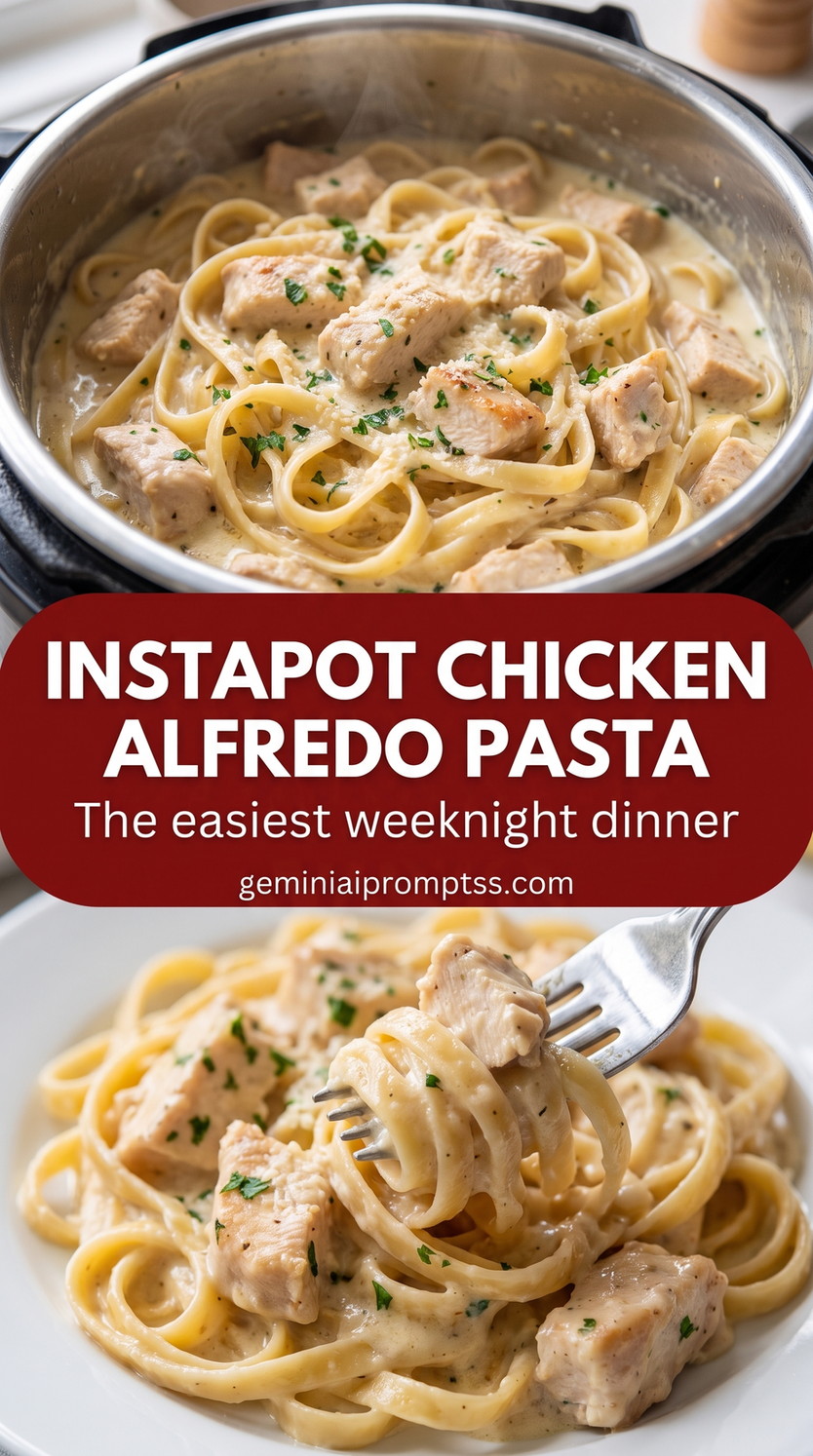 Instapot chicken alfredo pasta showing creamy chicken Alfredo pasta with a glossy Parmesan sauce