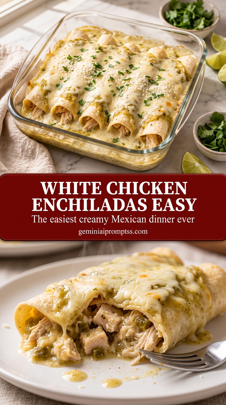 White Chicken Enchiladas Easy with rolled chicken enchiladas with a creamy pale sauce and melted cheese