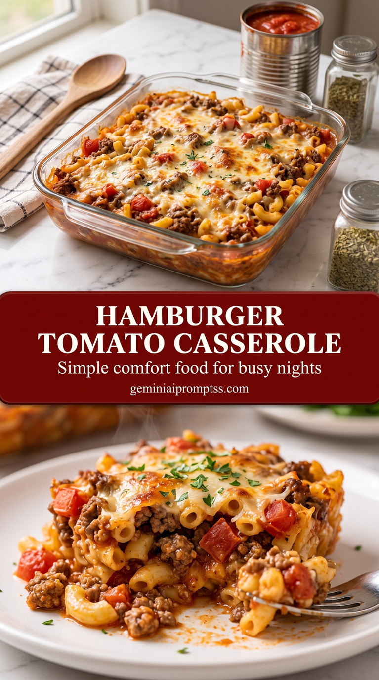 hamburger tomato casserole with a baked hamburger tomato casserole with elbow macaroni, ground beef, diced tomatoes, melted cheese, and herbs